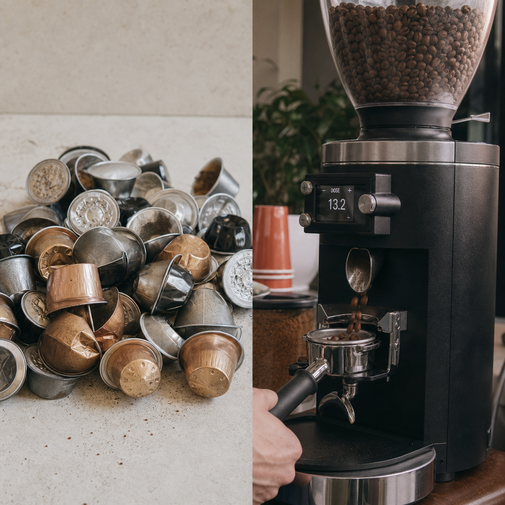 Comparison of aluminium coffee pods next to a commercial coffee grinder.