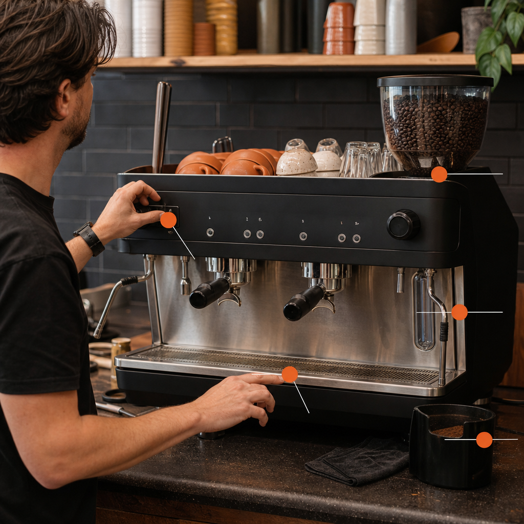 Safe operator checks on a commercial coffee machine