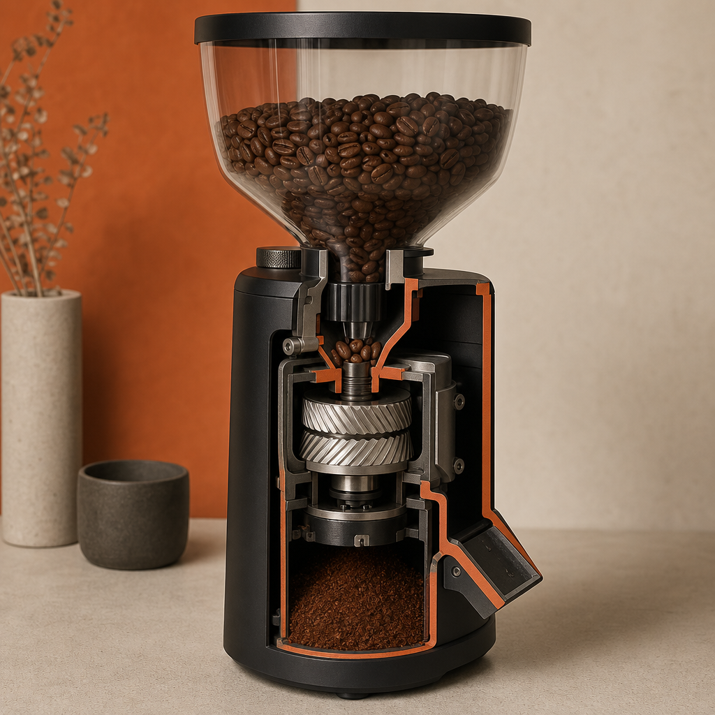 Coffee grinder components from hopper to coffee outlet