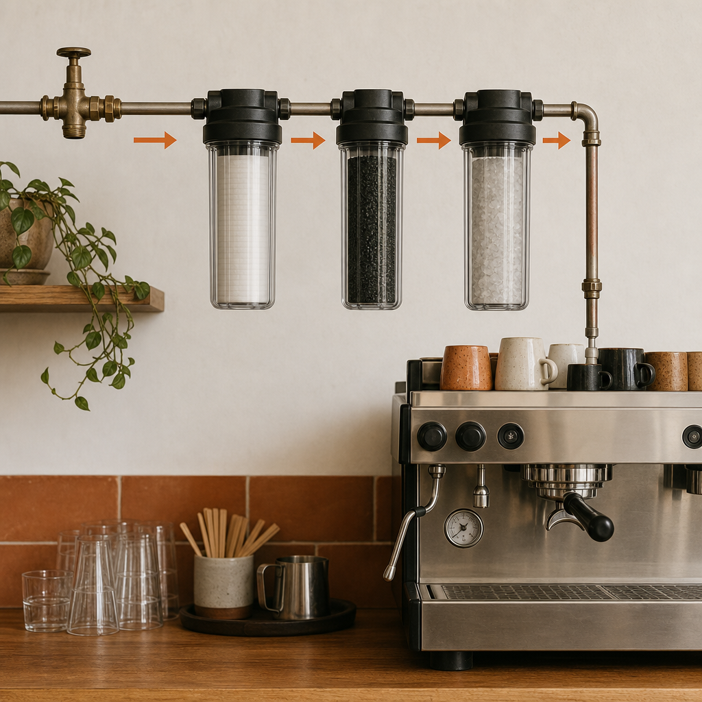 Water passing through three filtration stages before reaching an espresso machine