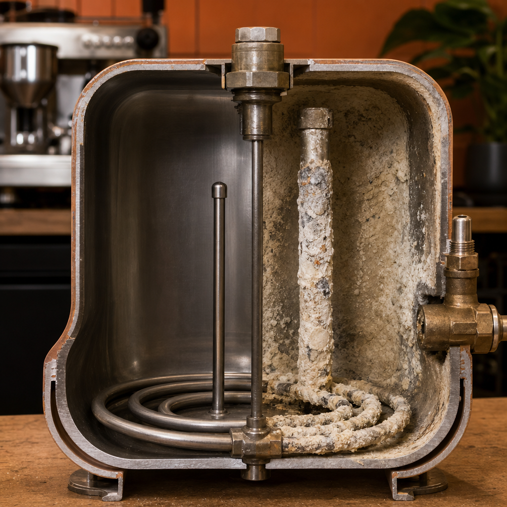 Coffee machine boiler with scale deposits on the element, probe and valve