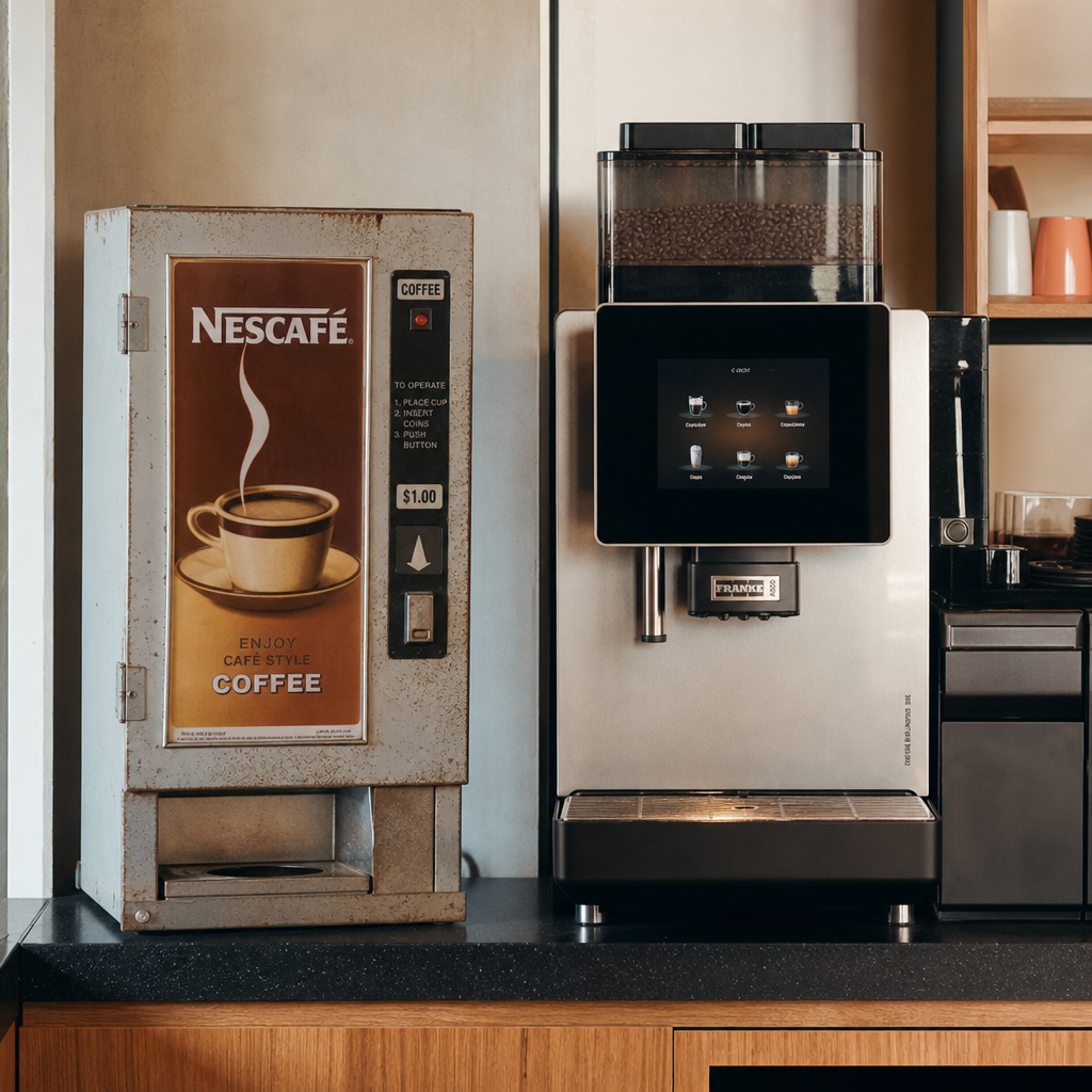 Old powder vending machine compared to a modern bean-to-cup coffee machine
